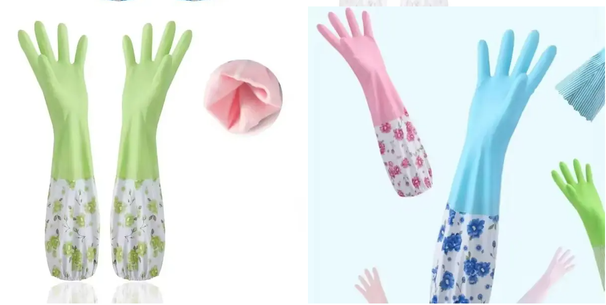 1Pair Lengthen Dishwashing Cleaning Glove Durable Waterproof Cleaning Rubber Long Sleeves for Dish Washing Velvet Lining Household Glove